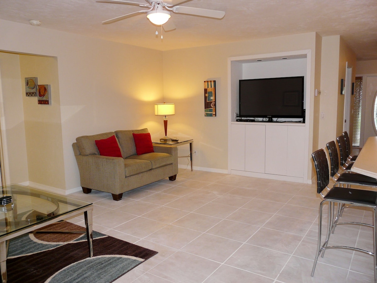 A living room with a sofa, TV, and dining area.