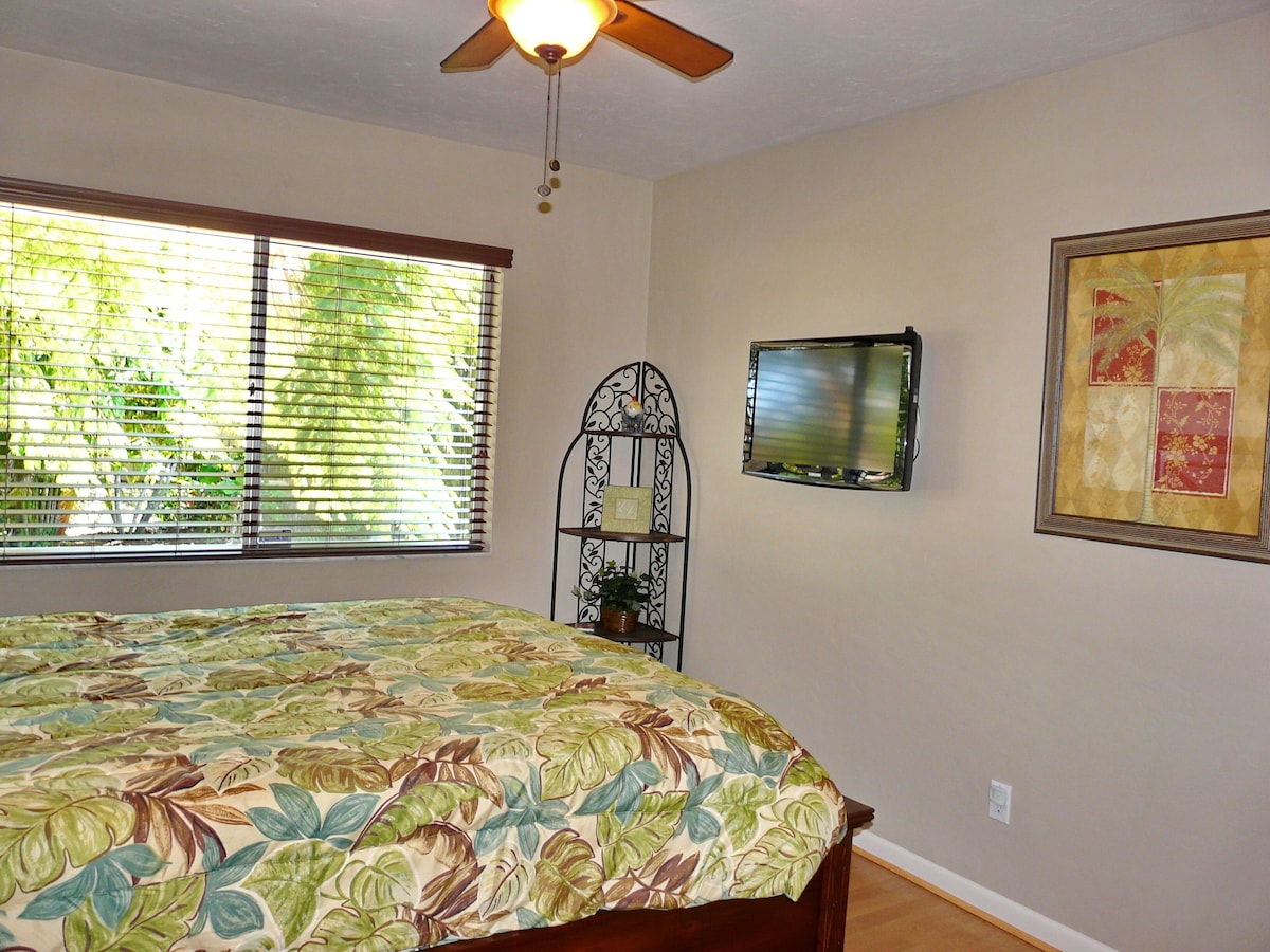 A bedroom with a bed, a ceiling fan, a window with blinds, a wall-mounted TV, and a framed picture.