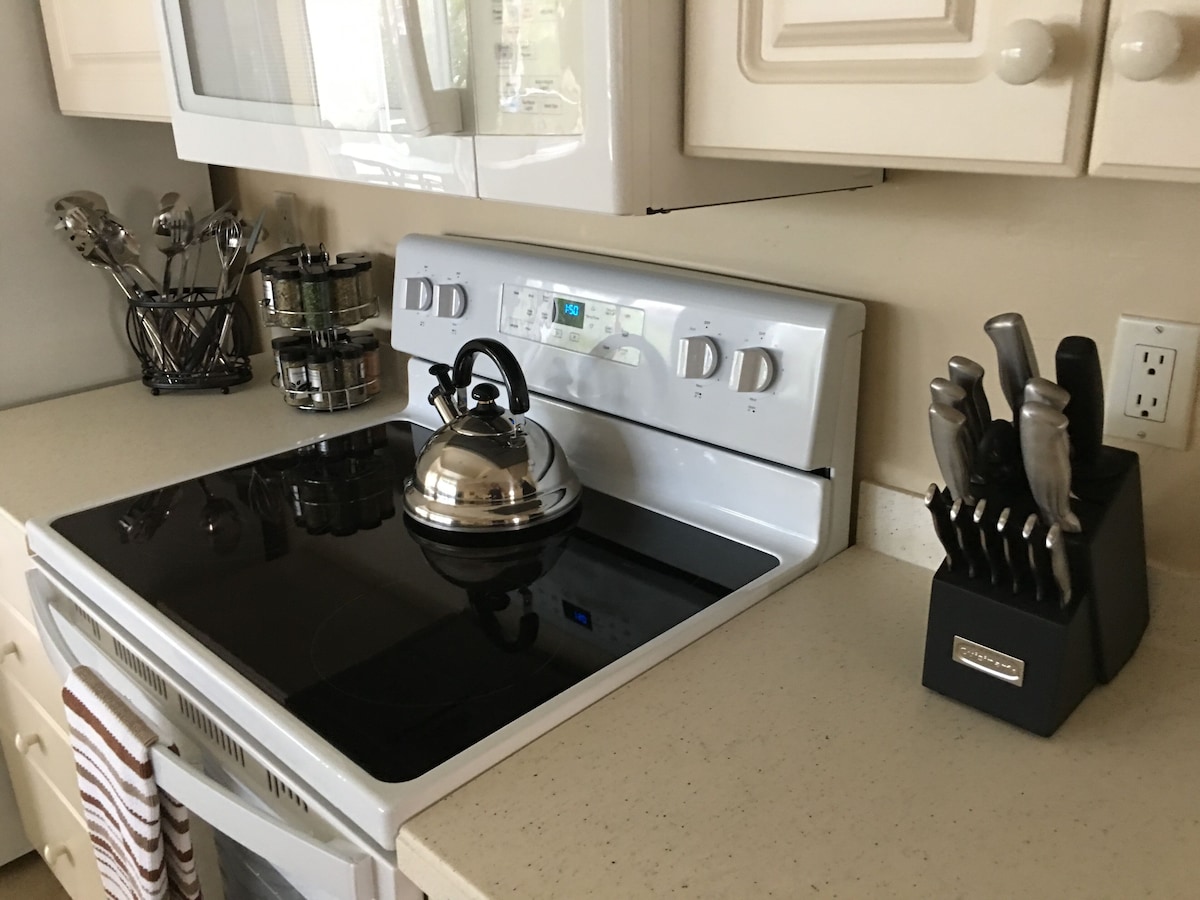 A kitchen with a stove, kettle, and knife block.